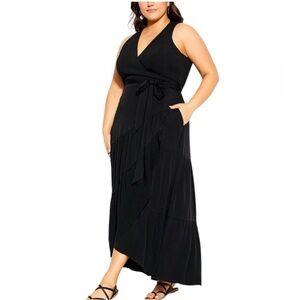 City Chic‎ Sunset Maxi Ruffle Tiered Wrap Dress Size 22 Black